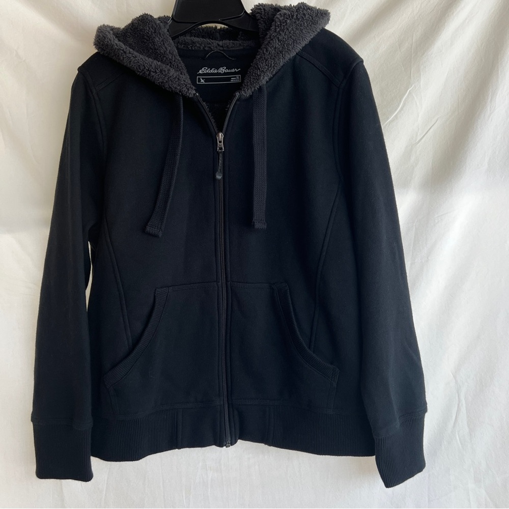 NWOT Black Eddie Bauer Signature Faux Shearling-Lined Full-Zip Hoodie Size XL